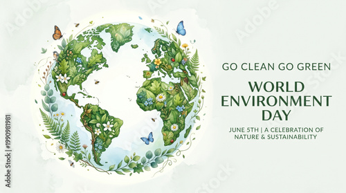 Illustrated earth covered with lush greenery flowers and butterflies expressing clean living message and ecological harmony theme for creative awareness design related to world environment day