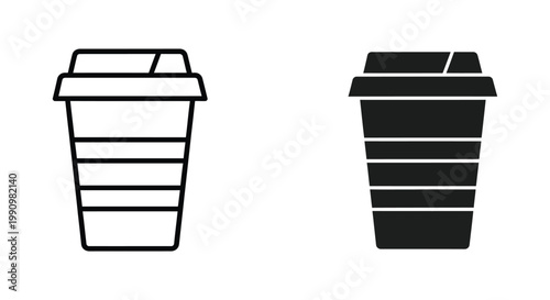 Disposable coffee cup with lid in outline and silhouette style vector icon set asset