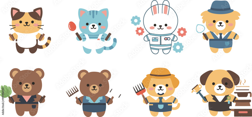 Obraz premium Cute farmer animal characters set with cat, rabbit, bear and dog in agriculture roles in kawaii cartoon style for kids design and illustration
