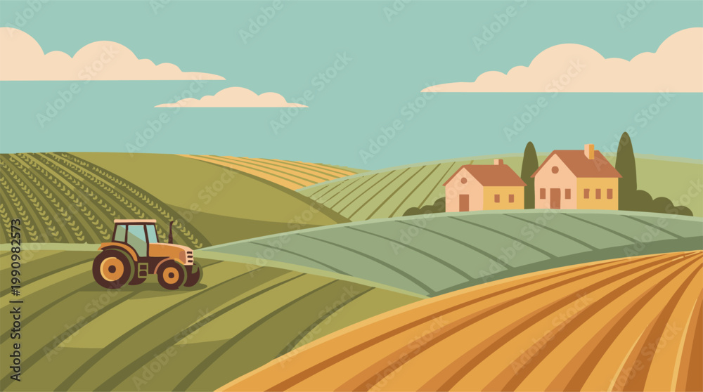 Fototapeta premium Stylized rural landscape with tractor, farmhouses, and cultivated fields
