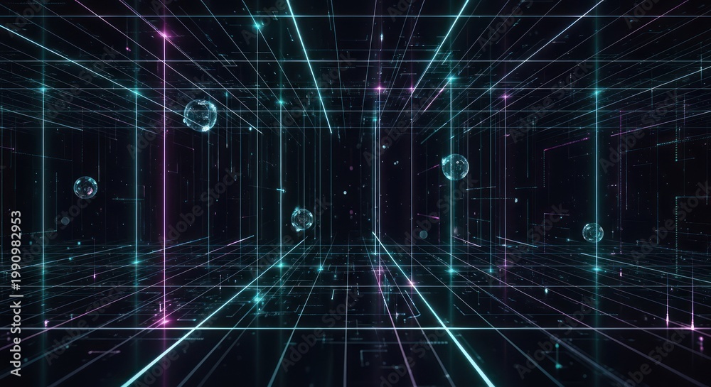 Obraz premium Abstract Digital Network Grid with Floating Spheres and Light Trails.