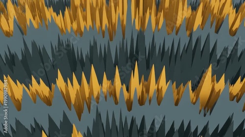 Abstract, repeating pattern with jagged, blade-like forms in gold and gray on a blue-gray ground