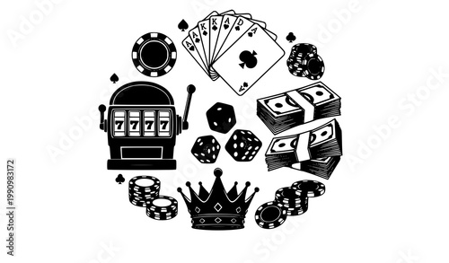 Modern monochrome casino symbol set with slot machine poker cards chips and crown vector art