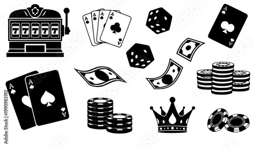Trendy casino monochrome icons with slot machine cards dice money and crown vector collection