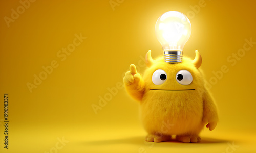 Cute furry yellow monster pointing up with a glowing lightbulb representing a creative new idea