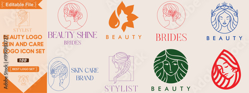 Beauty spa woman logo set. Salon, hair stylist, hairdresser, haircut. Set of beauty logo collection for woman, spa, saloon, with golden style Premium Vector set.