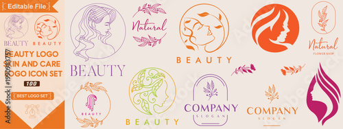 Beauty spa woman logo set. Salon, hair stylist, hairdresser, haircut. Set of beauty logo collection for woman, spa, saloon, with golden style Premium Vector set.