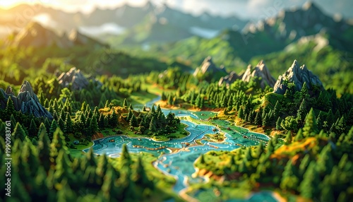 Detailed Miniature Forest and Mountain Terrain with Winding River, Scenic Landscape for Dioramas and Gaming