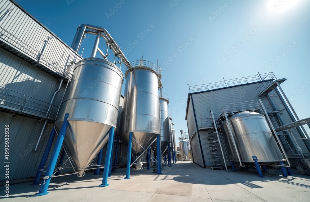 Naklejka premium Modern steel tanks and pipes at beverage factory exterior. Industrial production facility for wine or spirits fermentation. Large stainless steel containers for processing.