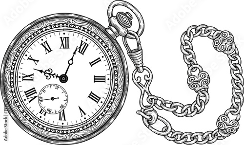Vintage Antique Pocket Watch Vector Illustration with Ornate Engraved Case and Chain for Luxury Timepiece, History, and Classic Style Graphic Design Projects