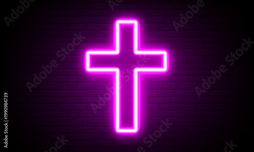 Pink neon Christian cross sign glowing on a dark brick wall for modern religious and spiritual themes