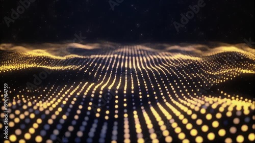 Abstract digital waves made of glowing dots over a dark sky with stars