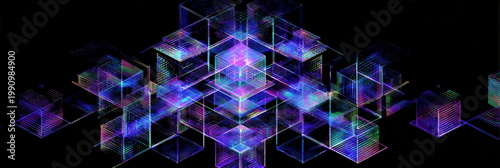 Multicolored 3D Cubes Structure Glowing Against Dark Background For Technology Concepts