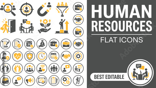 Human resources HR solid icon set featuring recruitment management employee career, hiring job team staff person, and interview corporate business employment editable vector icons.