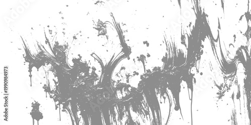 Abstract gray paint splatter and drip texture on white background showing fluid artistic movement for creative graphic design