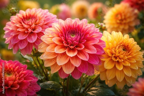 close up of vibrant dahlia flowers with layered petals in a natural floral arrangement