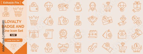 Loyalty and Badge reward line icon set. Gift, VIP badge, trophy, loyalty card, redeem point minimal vector illustrations. Simple outline signs for bonus programs.