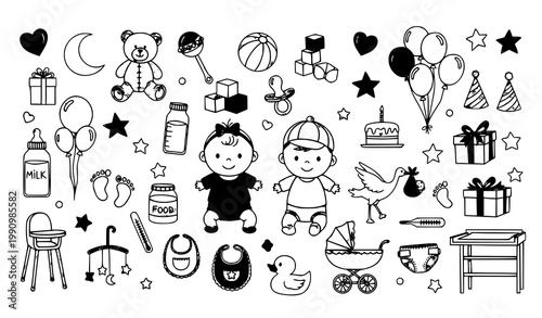 A set of baby icons and objects in a simple line art style
