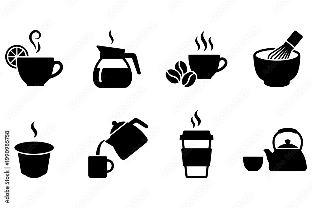 Obraz premium Simple collection of coffee and tea hot drink silhouette icons for cafe menu design