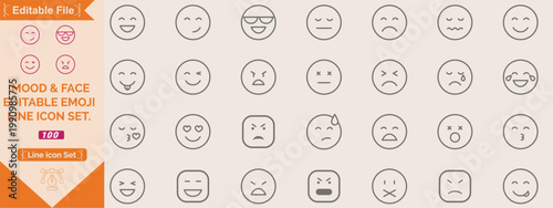 Minimal emoji faces outline icon set doodle emoticons vector illustration isolated on white A comprehensive set of line art emoji icons, depicting various facial expressions from happy to sad.