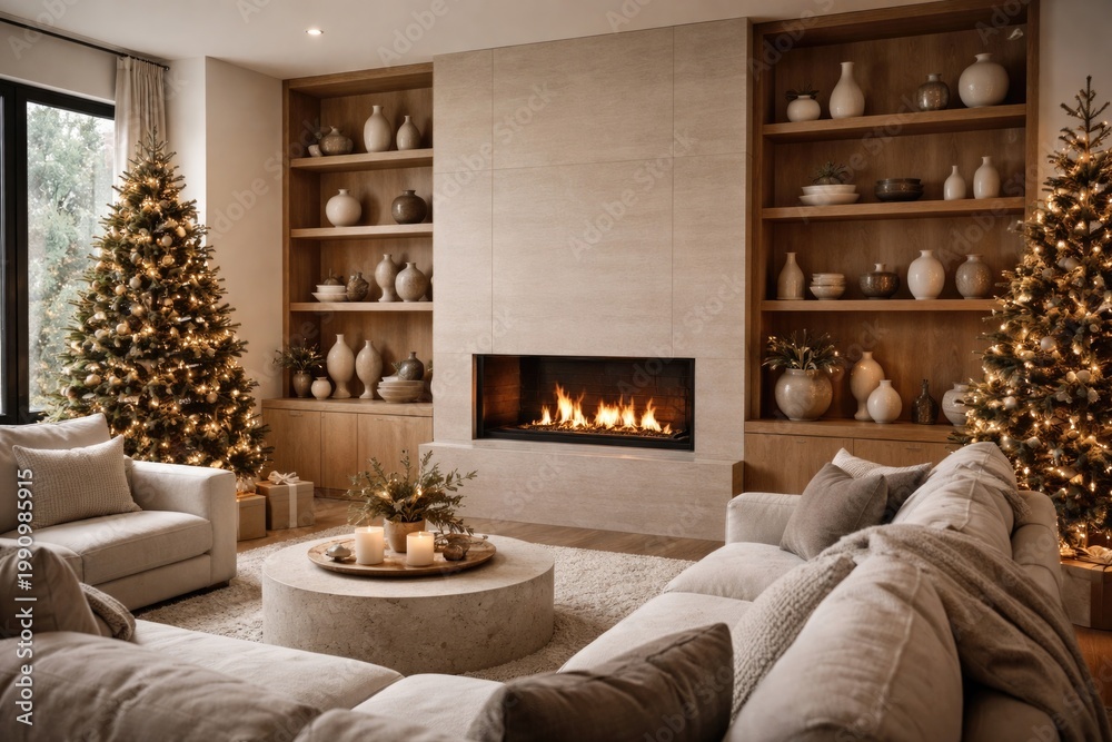 Naklejka premium Contemporary minimalist living room design showcasing wooden shelves with elegant vases during holiday season with Christmas trees and cozy fireplaces