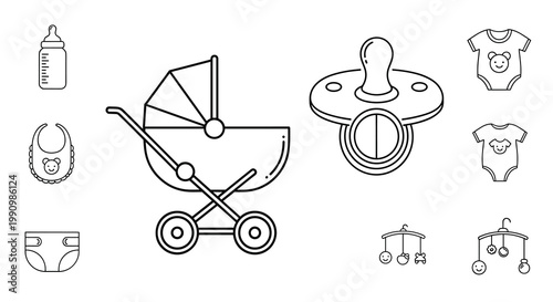 A set of baby items including a stroller pacifier onesies bib bottle and diaper, Generative AI.