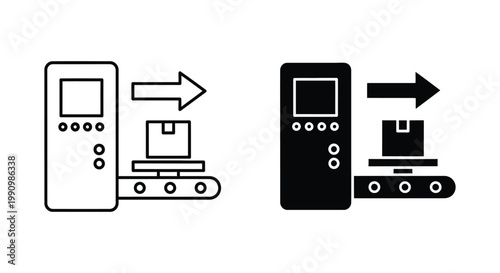 Automated factory conveyor belt package shipping icon set as linear and solid vectors