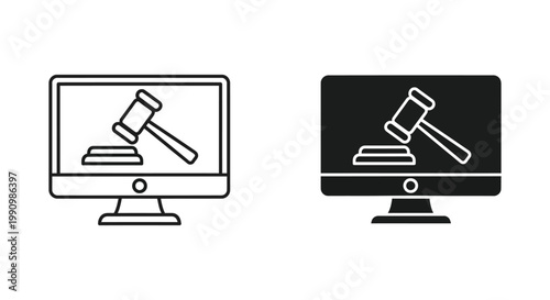 Judge gavel on computer monitor screen icon set as flat vector legal technology graphic