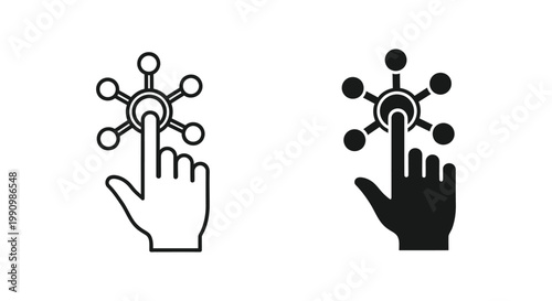 Hand touching connected circle nodes icon for digital network interaction and tech interface