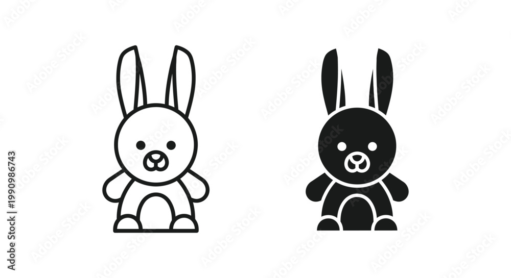 Obraz premium Cute cartoon rabbit outline and solid silhouette vector icon for children design projects