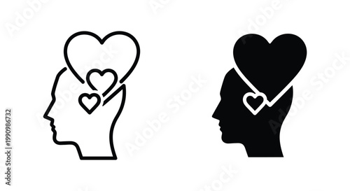 Human head with heart symbol inside representing love and mental health vector icon set
