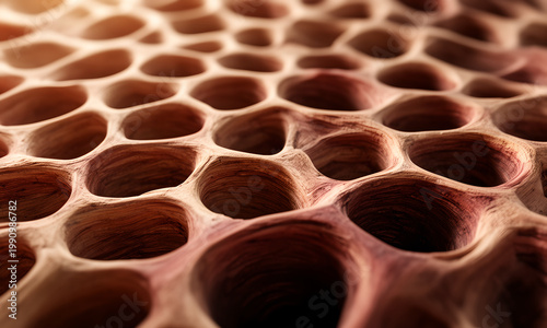 Macro shot of an intricate reddish brown organic cellular pattern on a porous wooden surface
