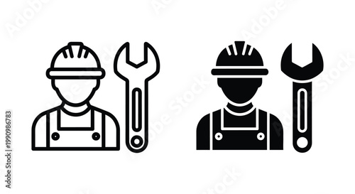 Construction worker icon and wrench tool in linear and solid black vector illustration