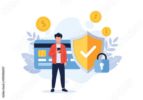 Flat style vector illustration of person making secure online payment using credit card on smartphone, with shield and lock icons representing financial protection and safety