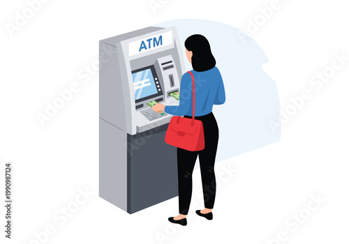 Flat style vector illustration of person withdrawing cash from ATM machine with bank background, representing financial access, banking services, and cash transactions
