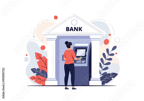 Flat style vector illustration of person withdrawing cash from ATM machine with bank background, representing financial access, banking services, and cash transactions