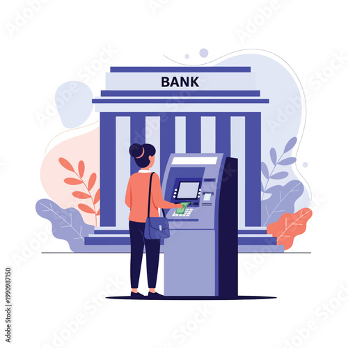 Flat style vector illustration of person withdrawing cash from ATM machine with bank background, representing financial access, banking services, and cash transactions