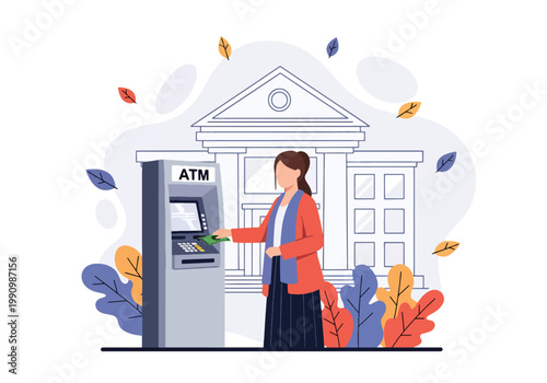 Flat style vector illustration of person withdrawing cash from ATM machine with bank background, representing financial access, banking services, and cash transactions