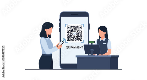 Flat style vector illustration of customer scanning QR code with smartphone at checkout counter, representing cashless payment, fintech system, and modern shopping