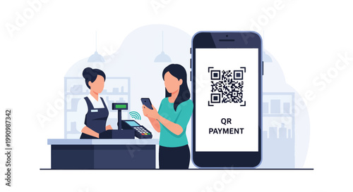 Flat style vector illustration of customer scanning QR code with smartphone at checkout counter, representing cashless payment, fintech system, and modern shopping
