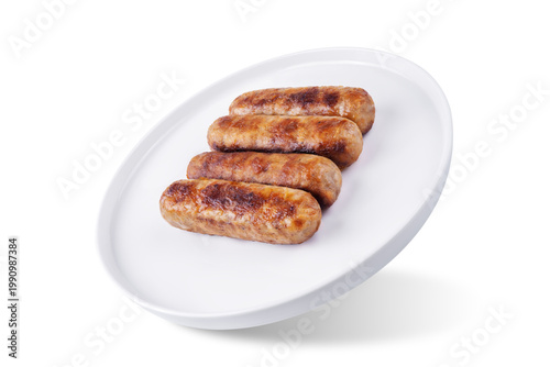 Fried beef and pork sausages in a plate on a white isolated background