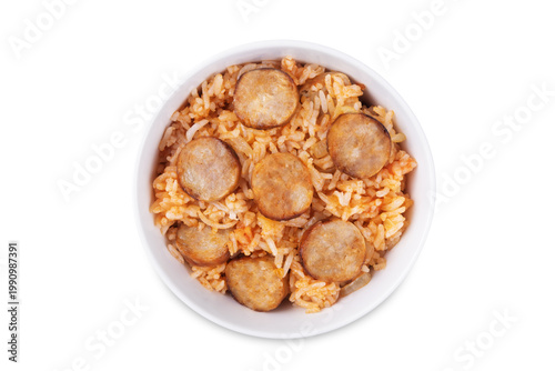 Fried sausages tomato sauce rice in a bowl on a white isolated background