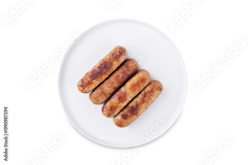 Fried beef and pork sausages in a plate on a white isolated background