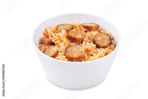 Fried sausages tomato sauce rice in a bowl on a white isolated background