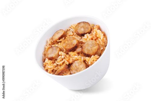 Fried sausages tomato sauce rice in a bowl on a white isolated background
