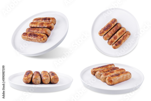 Fried beef and pork sausages in a plate on a white isolated background