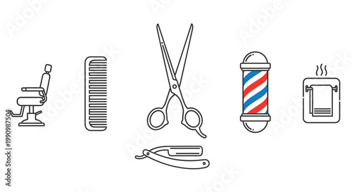 A set of barber shop icons including a chair comb scissors razor and towel, Generative AI.