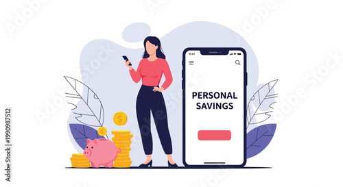 Flat style vector illustration of person saving money using piggy bank and mobile app with coins, representing personal finance, budgeting, and savings strategy
