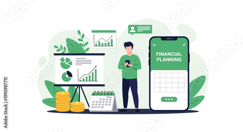 Flat style vector illustration of person planning finances with charts, calendar, and coins, representing budgeting, money management, and financial strategy for personal growth