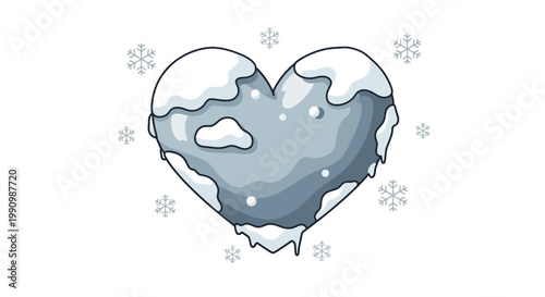 Illustration of a heart symbol covered in snow and frosty ice, with delicate snowflakes. Evokes feelings of winter, coldness, love, or festive holiday spirit, perfect for seasonal designs